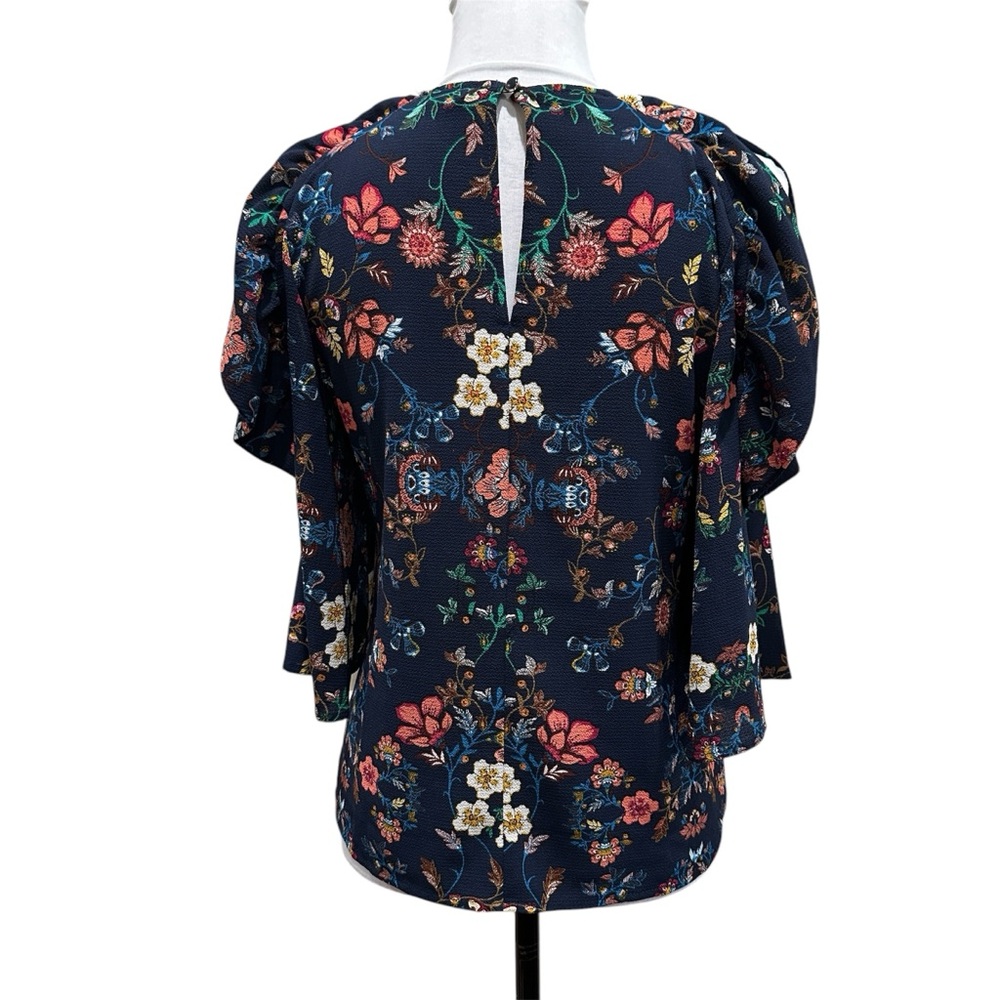 Haute Monde Floral Ruffle Cold Shoulder Blouse Crepe Bold Colors Navy Blue - Picture 3 of 11